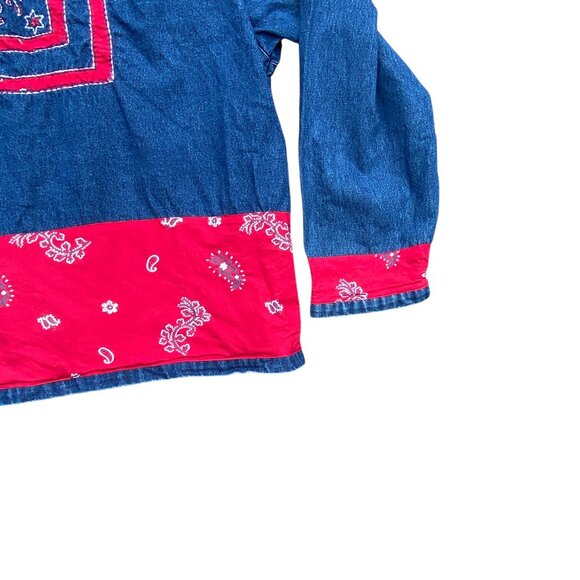 Vintage Denim Patchwork Red Bandana Jean Jacket Western Cowgirl Paisley Rodeo-XL - Picture 10 of 15